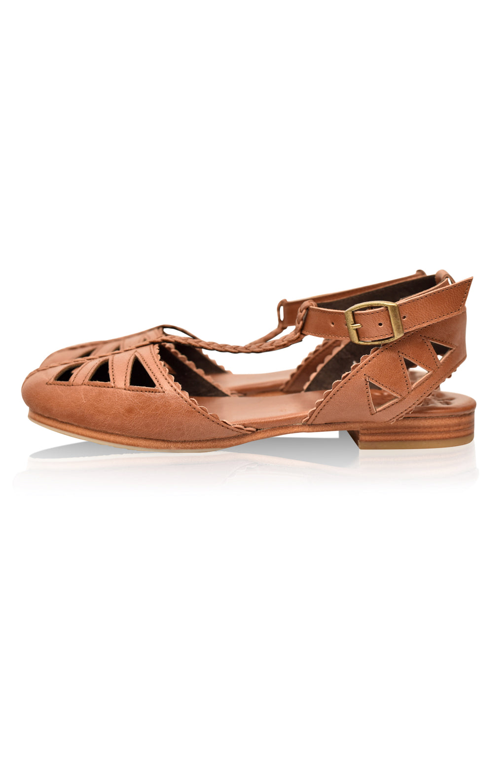 Bounty T-strap Leather Sandals showcasing a stylish design with round toe and scalloped edges, made from genuine leather.