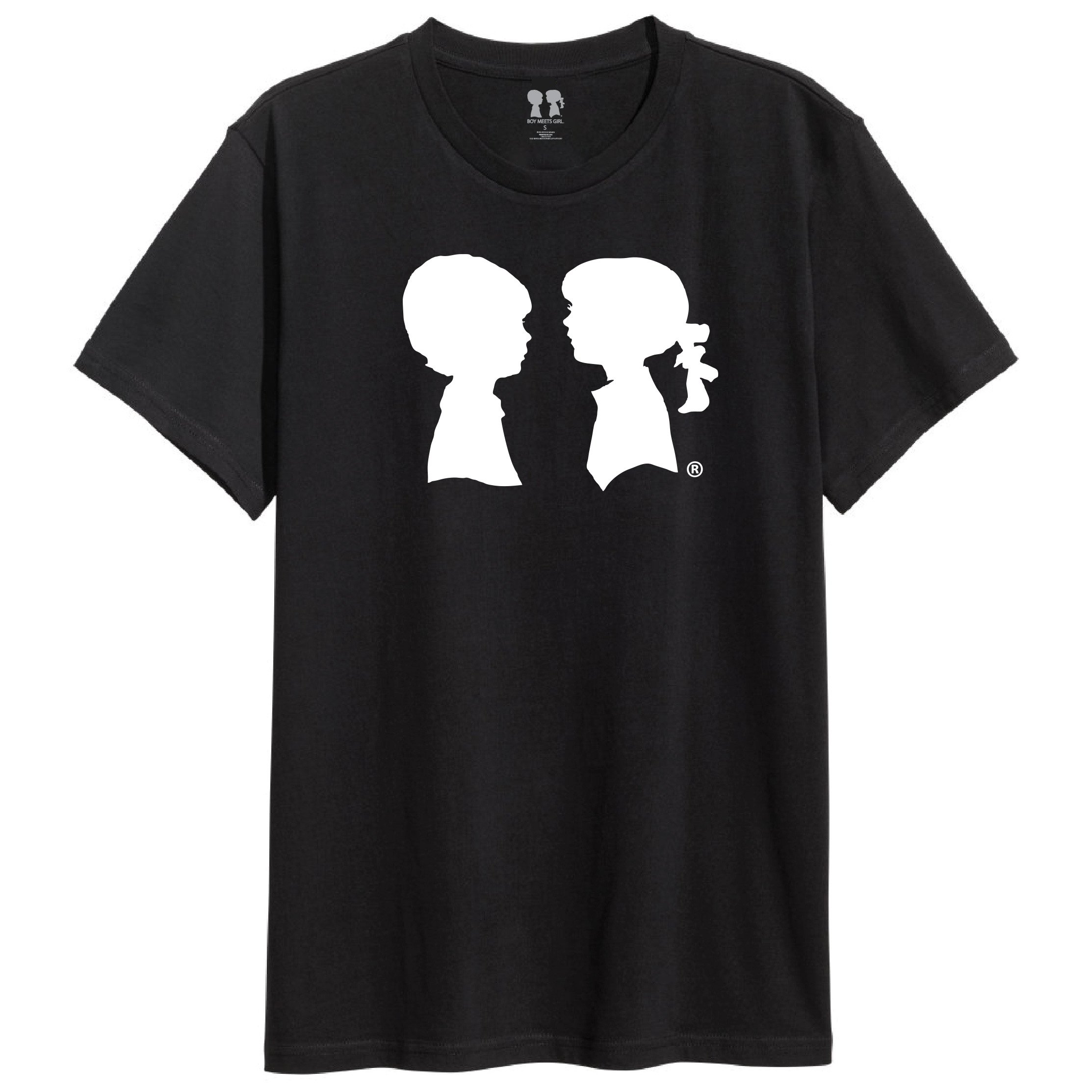 BOY MEETS GIRL® Black Unisex Tee featuring a bold white logo, symbolizing love and inclusivity, perfect for Pride events.