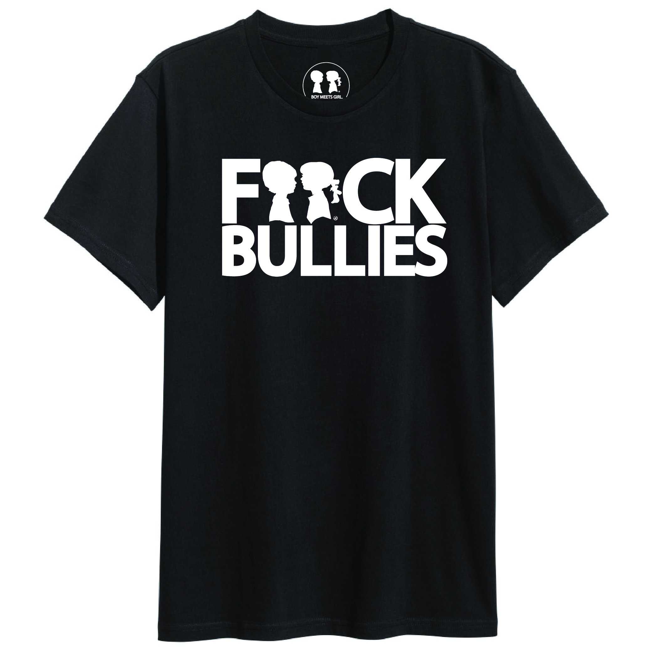 BOY MEETS GIRL® F**ck Bullies Black Unisex T-Shirt displayed on a neutral background, showcasing its bold anti-bullying message.