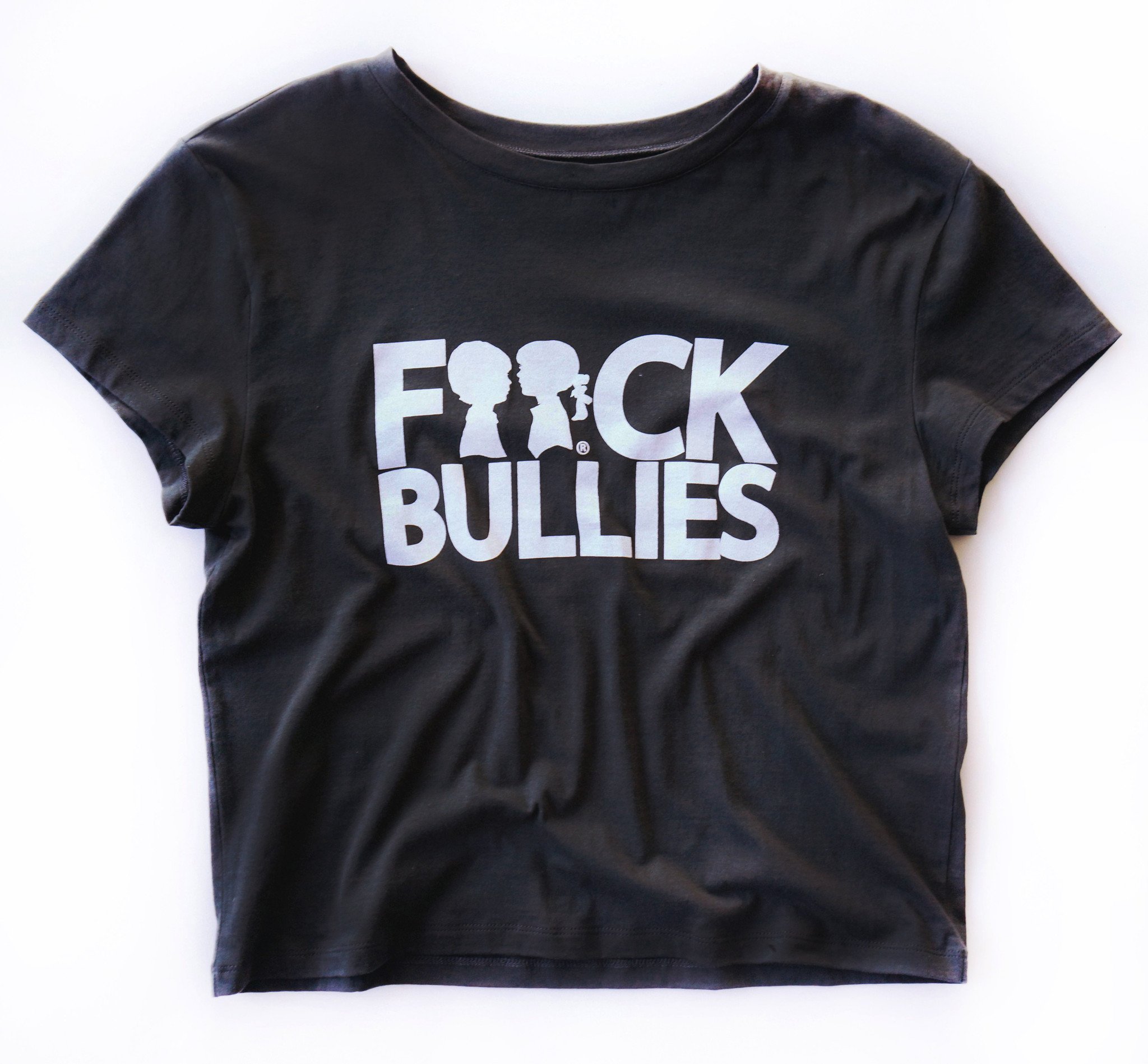 BOY MEETS GIRL® F**ck Bullies Crop T-Shirt featuring a bold anti-bullying graphic on a stylish crop design, made from 100% cotton.