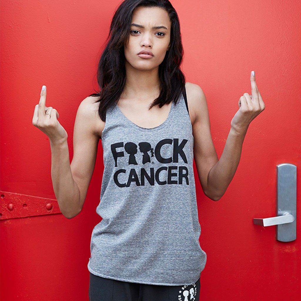 BOY MEETS GIRL® F**ck Cancer Tank Top in black with bold white lettering, symbolizing support for breast cancer awareness.