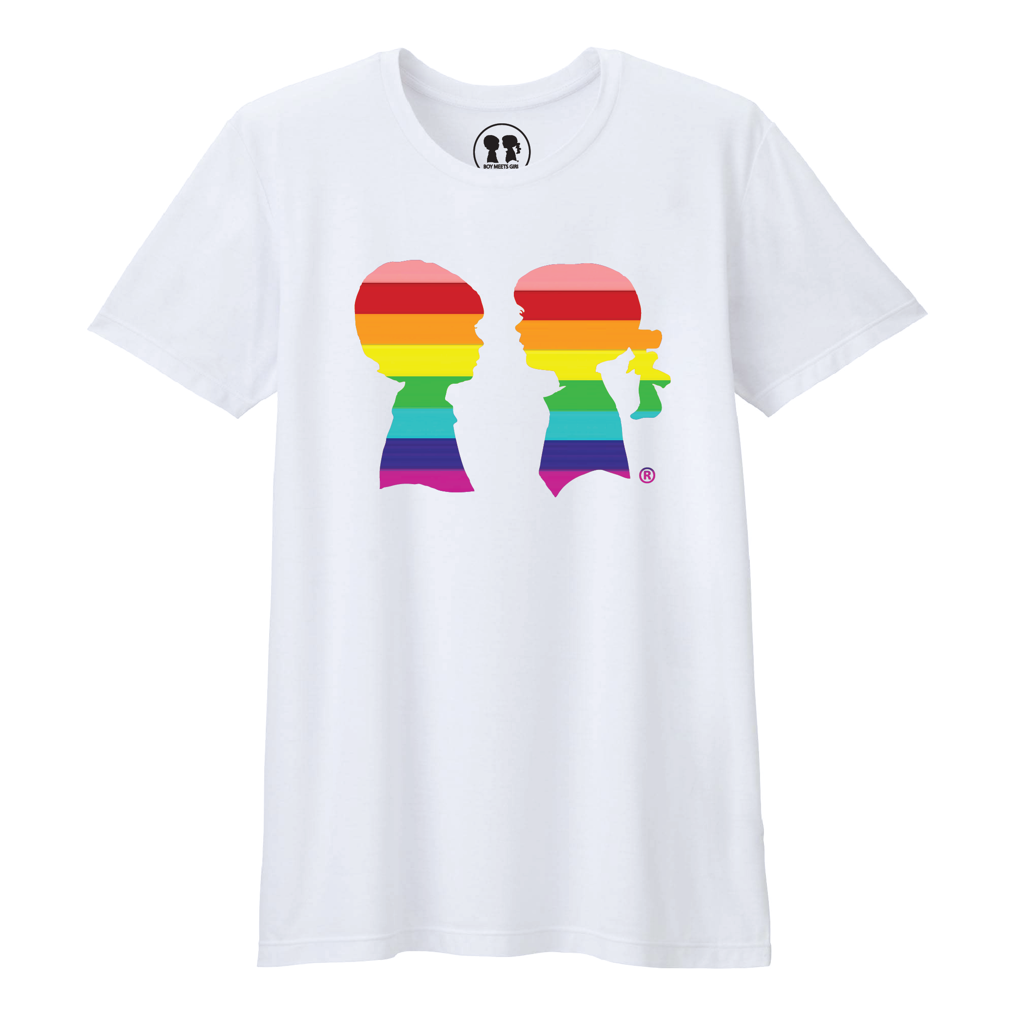 BOY MEETS GIRL® White Unisex Pride Tee featuring vibrant graphics supporting LGBTQ pride.