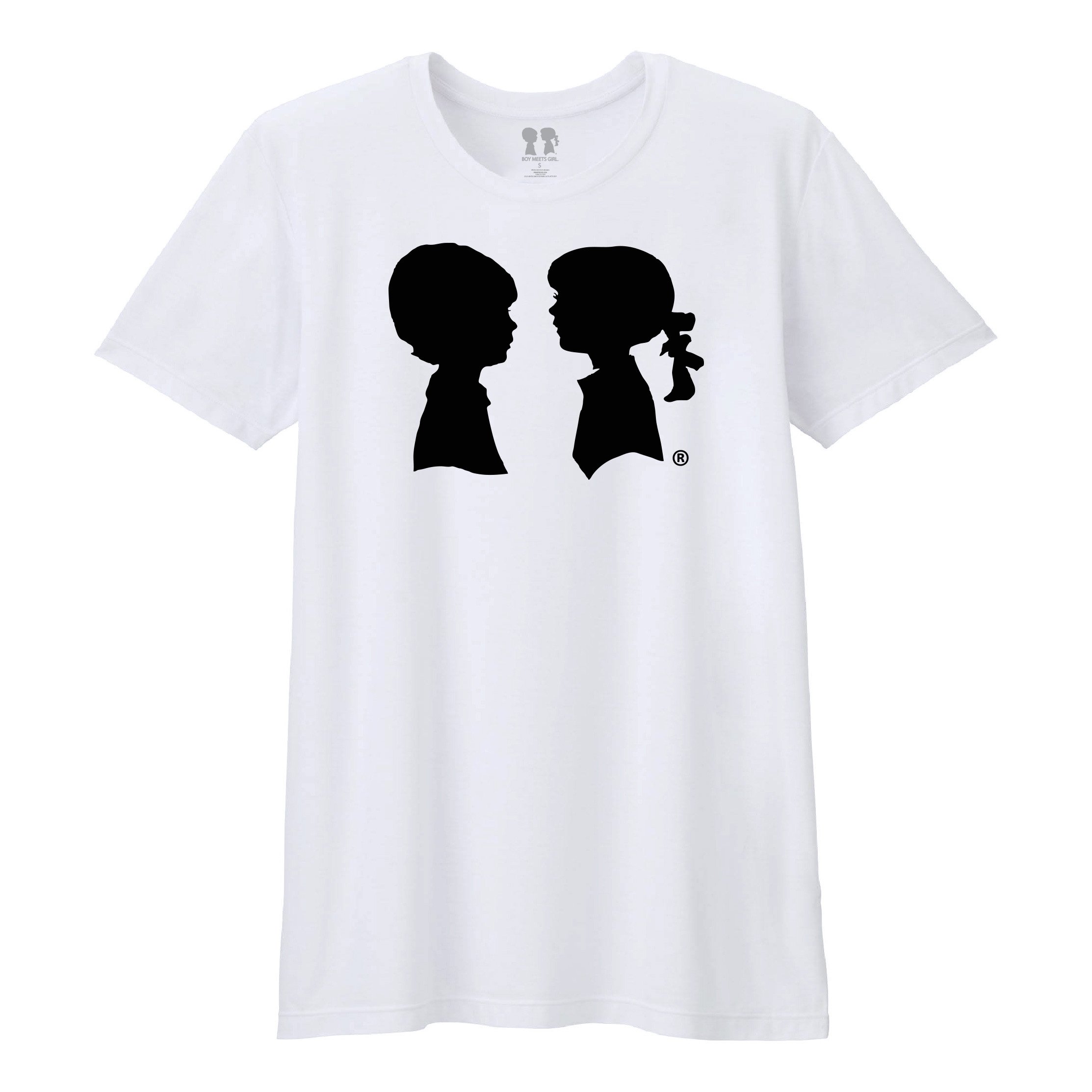 BOY MEETS GIRL® White Unisex Tee featuring a bold black logo, symbolizing inclusivity and support for social causes.