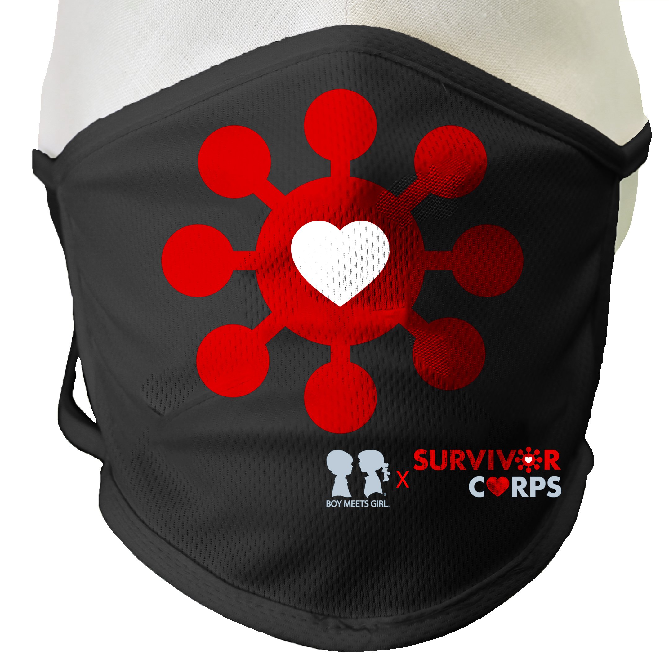 BOY MEETS GIRL® x SURVIVOR CORPS Community Mask featuring a double-layer design and adjustable elastic for comfort.