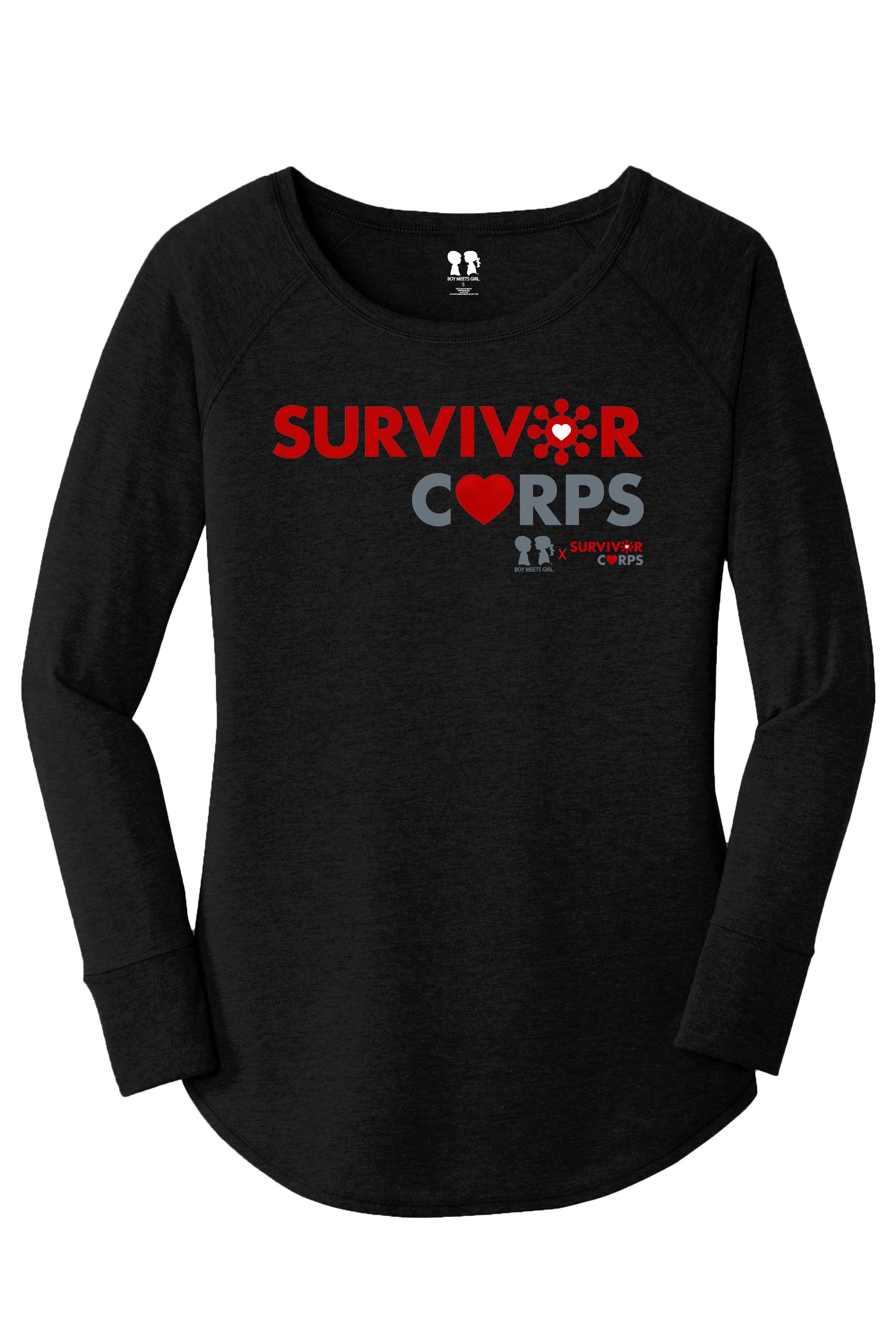 BOY MEETS GIRL x SURVIVOR CORPS Tri-Blend Black Long Sleeve Tunic displayed on a mannequin, showcasing its stylish design and soft fabric.