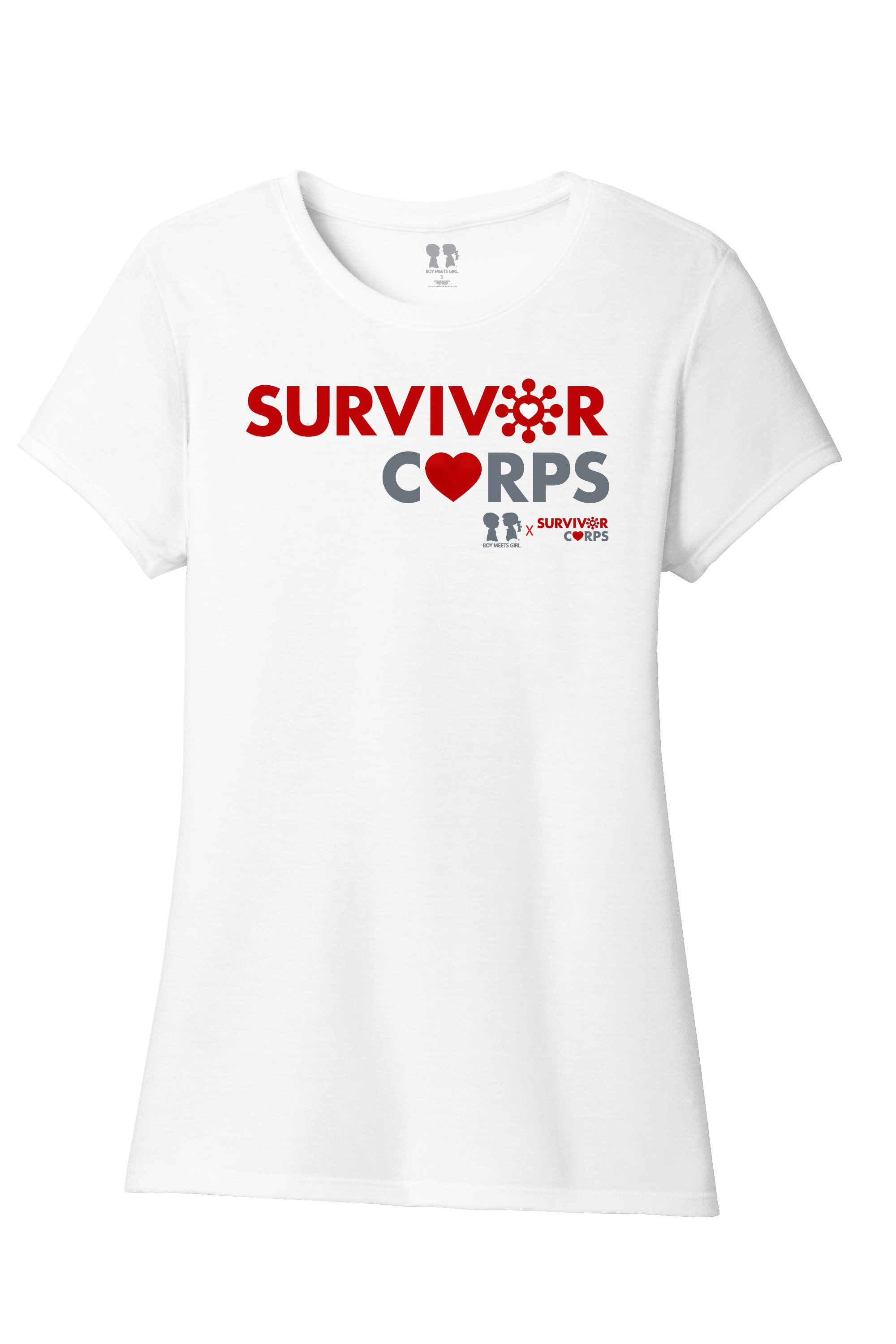 BOY MEETS GIRL x SURVIVOR CORPS Tri-Blend Crew Neck White T-Shirt displayed on a hanger, showcasing its soft fabric and unisex design.