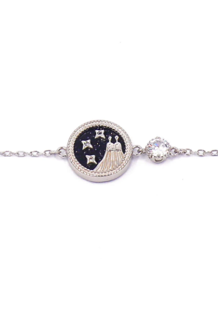 Elegant silver bracelet featuring a GEMINI horoscope sign pendant, showcasing a stylish and sophisticated design.