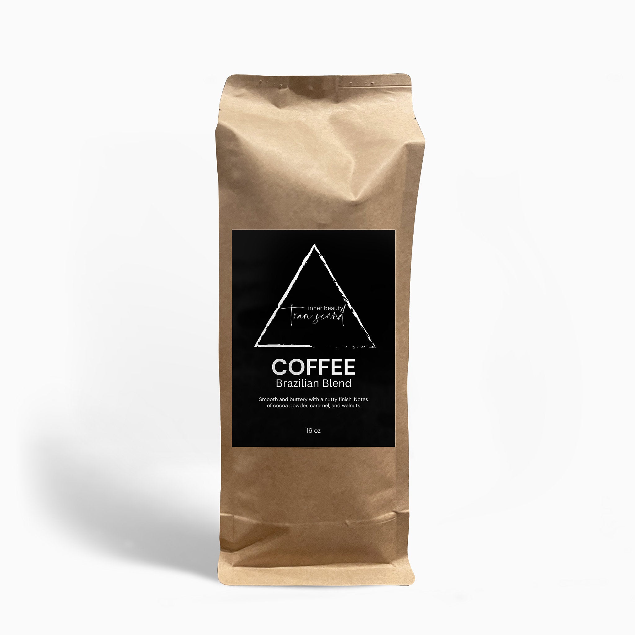 A 16oz bag of Brazilian Blend Coffee featuring smooth, buttery flavors with notes of cocoa, caramel, and walnuts.