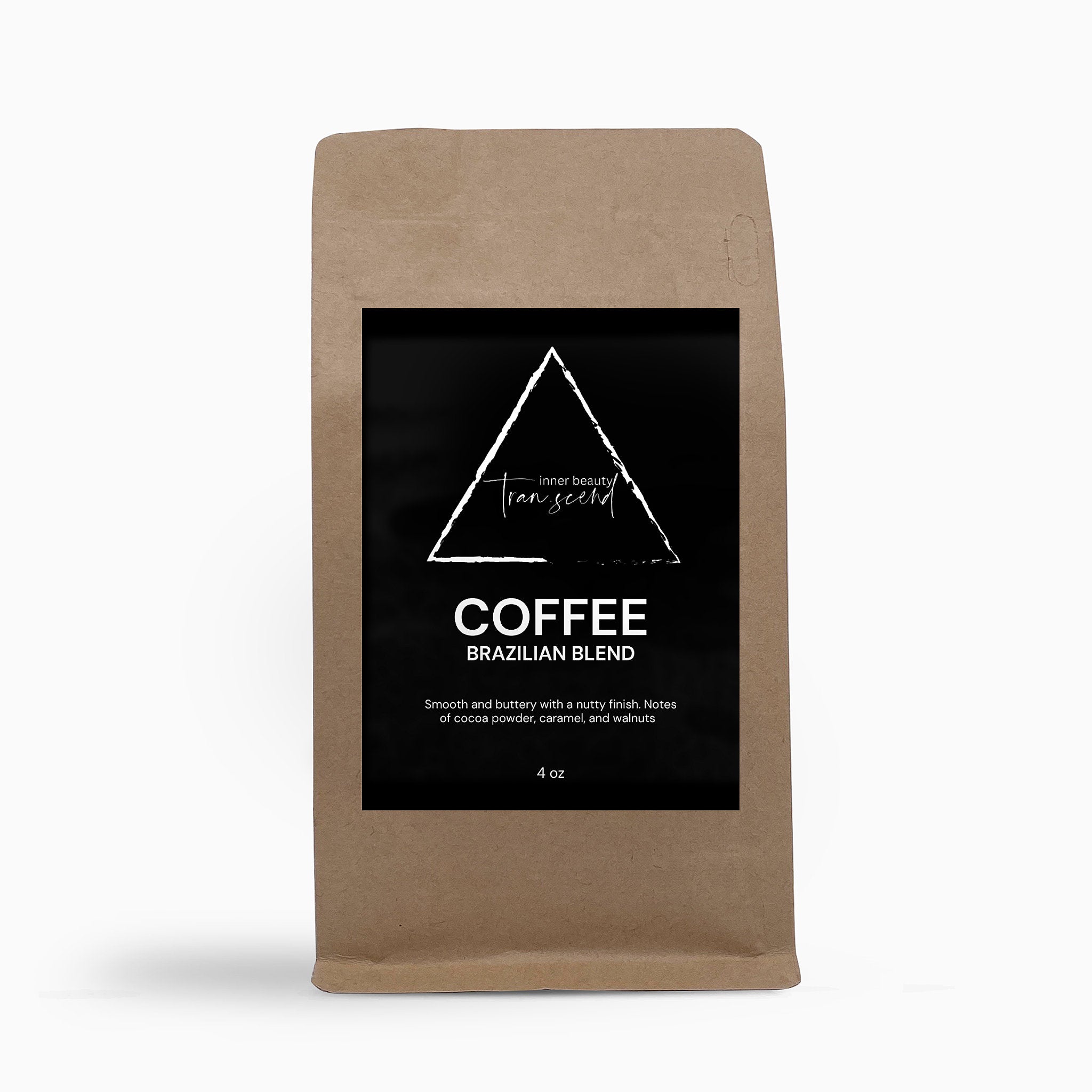 A 4oz package of Brazilian Blend Coffee featuring smooth and buttery flavors with notes of cocoa, caramel, and walnuts.