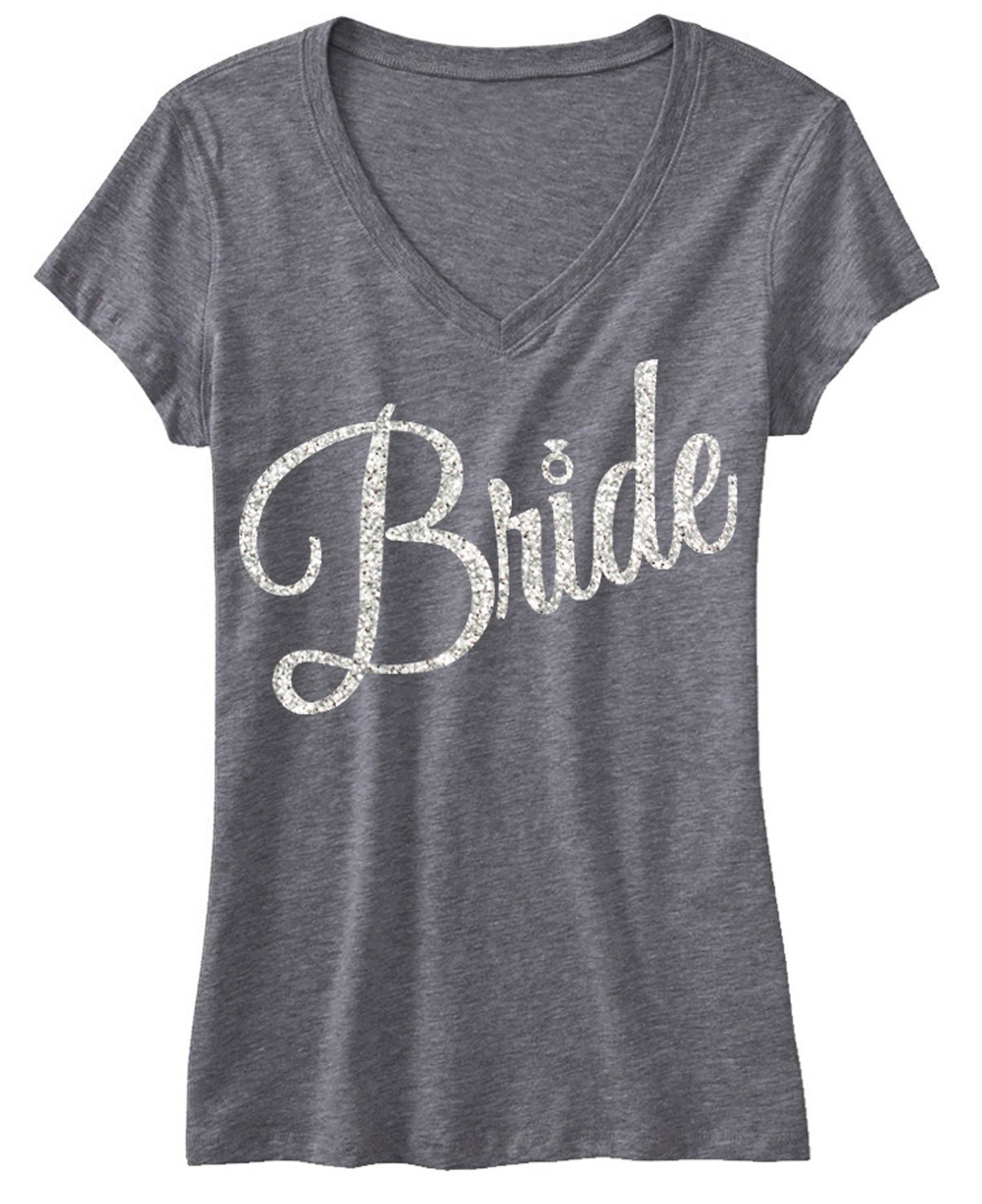 Gray V-Neck BRIDE Glitter Shirt with cursive print, showcasing its soft fabric and sparkling design.