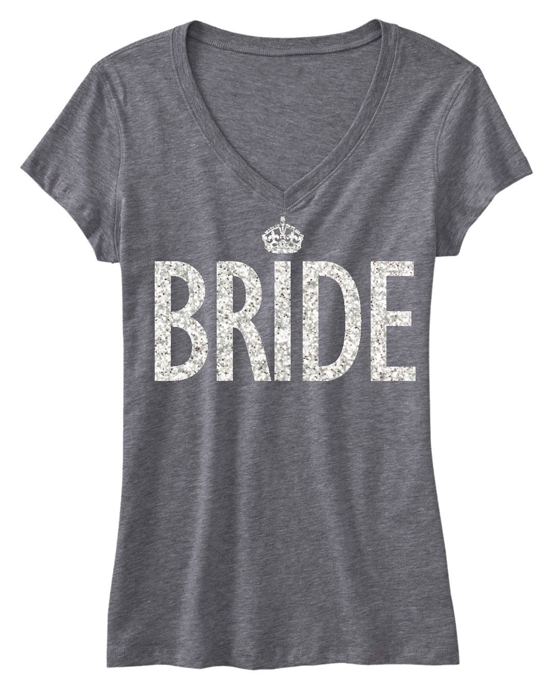 Gray V-neck shirt with glitter 'BRIDE' print and crown design, showcasing its soft fabric and stylish look.