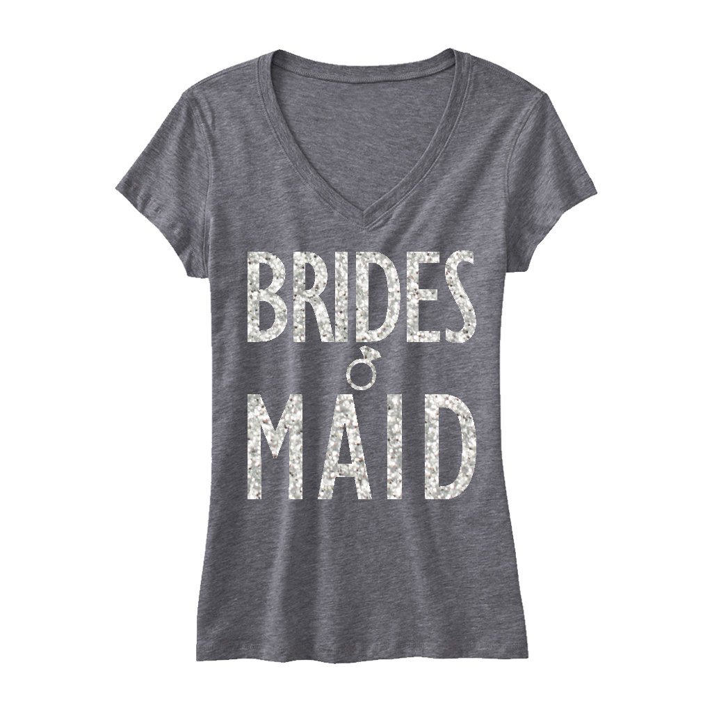 Gray V-neck shirt with 'BRIDESMAID' glitter print, showcasing a stylish and comfortable design for bridal parties.