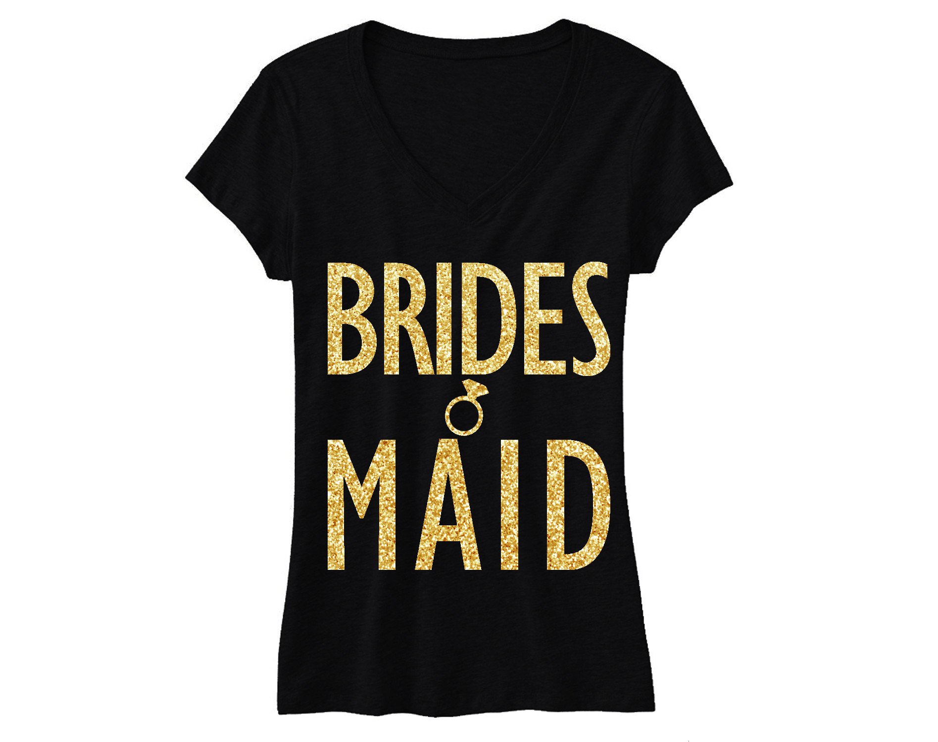 Black V-neck shirt with gold glitter 'BRIDESMAID' text, showcasing a stylish design perfect for bridal parties.