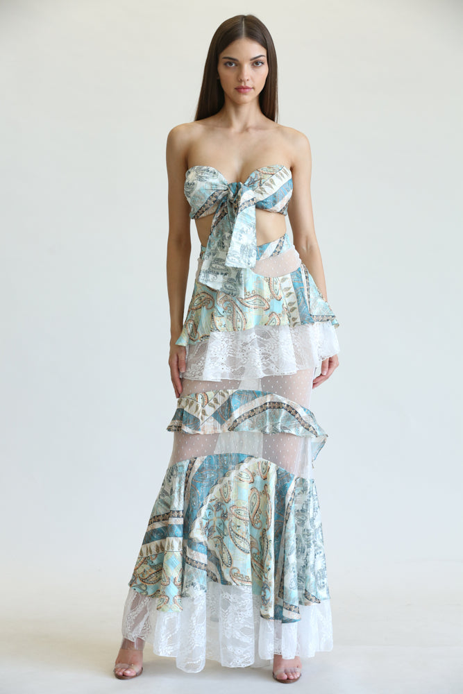 Brisa Paisley Print Pattern Set featuring a bandeau top and multi-tiered maxi skirt in lurex striped chiffon fabric.