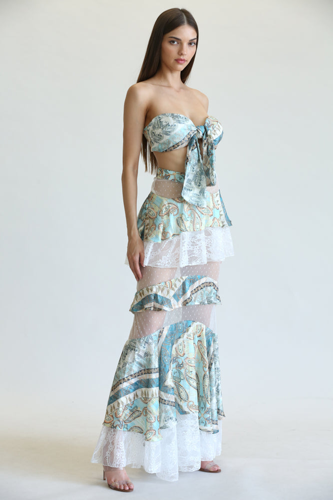 Brisa Paisley Print Pattern Set featuring a bandeau top and multi-tiered maxi skirt in lurex striped chiffon fabric.