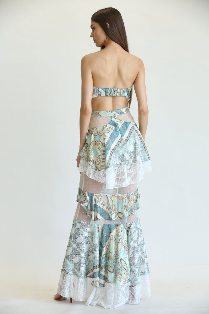 Brisa Paisley Print Pattern Set featuring a bandeau top and multi-tiered maxi skirt in lurex striped chiffon fabric.