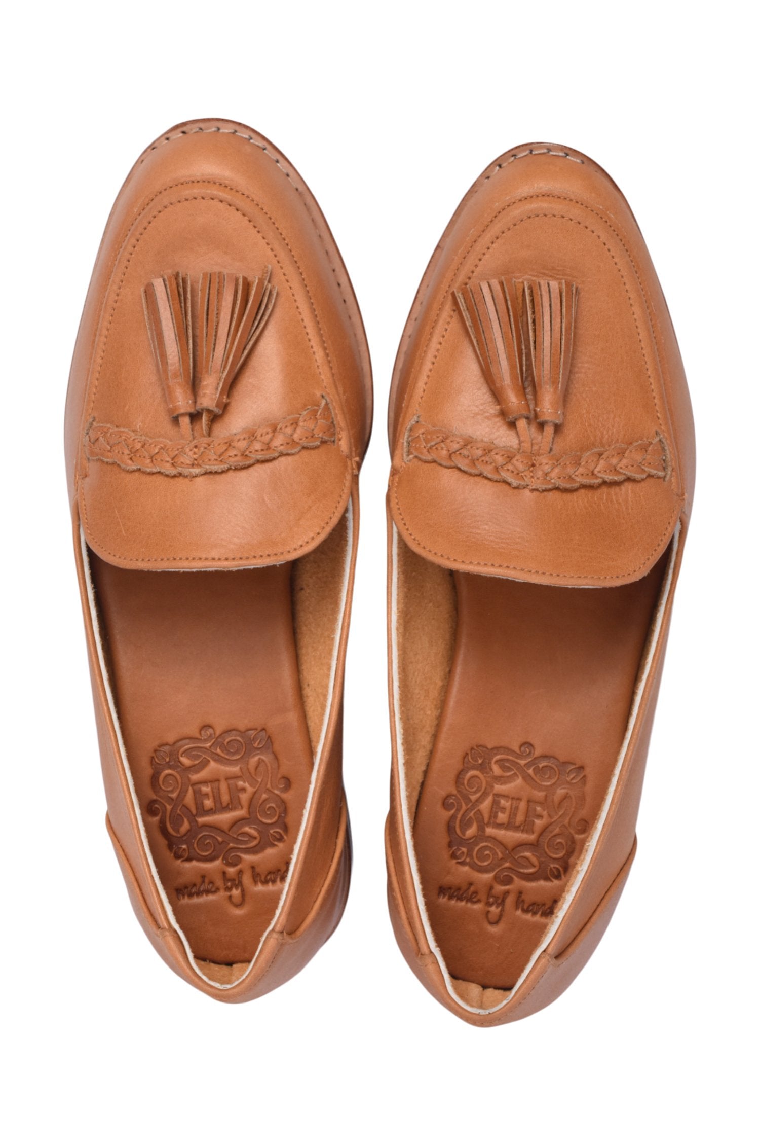 A pair of stylish Brooklyn leather loafers featuring braid and tassel details, made from 100% genuine leather.