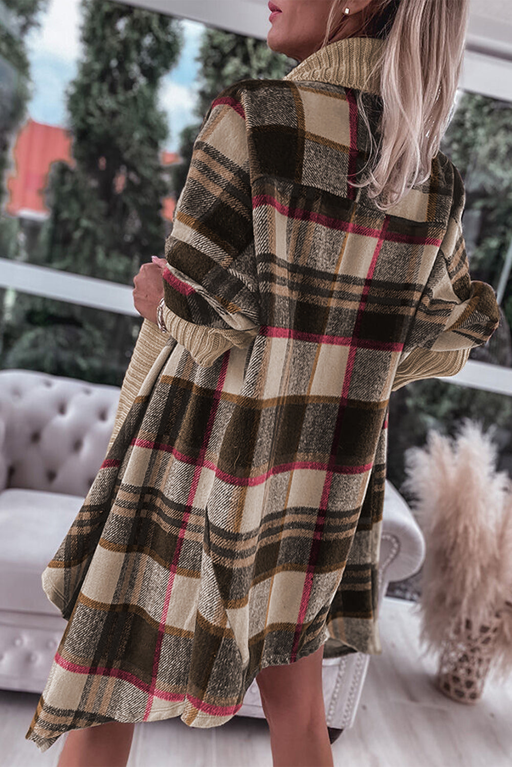 Brown ribbed splicing plaid open front cardigan showcasing stylish plaid pattern and cozy ribbed details.