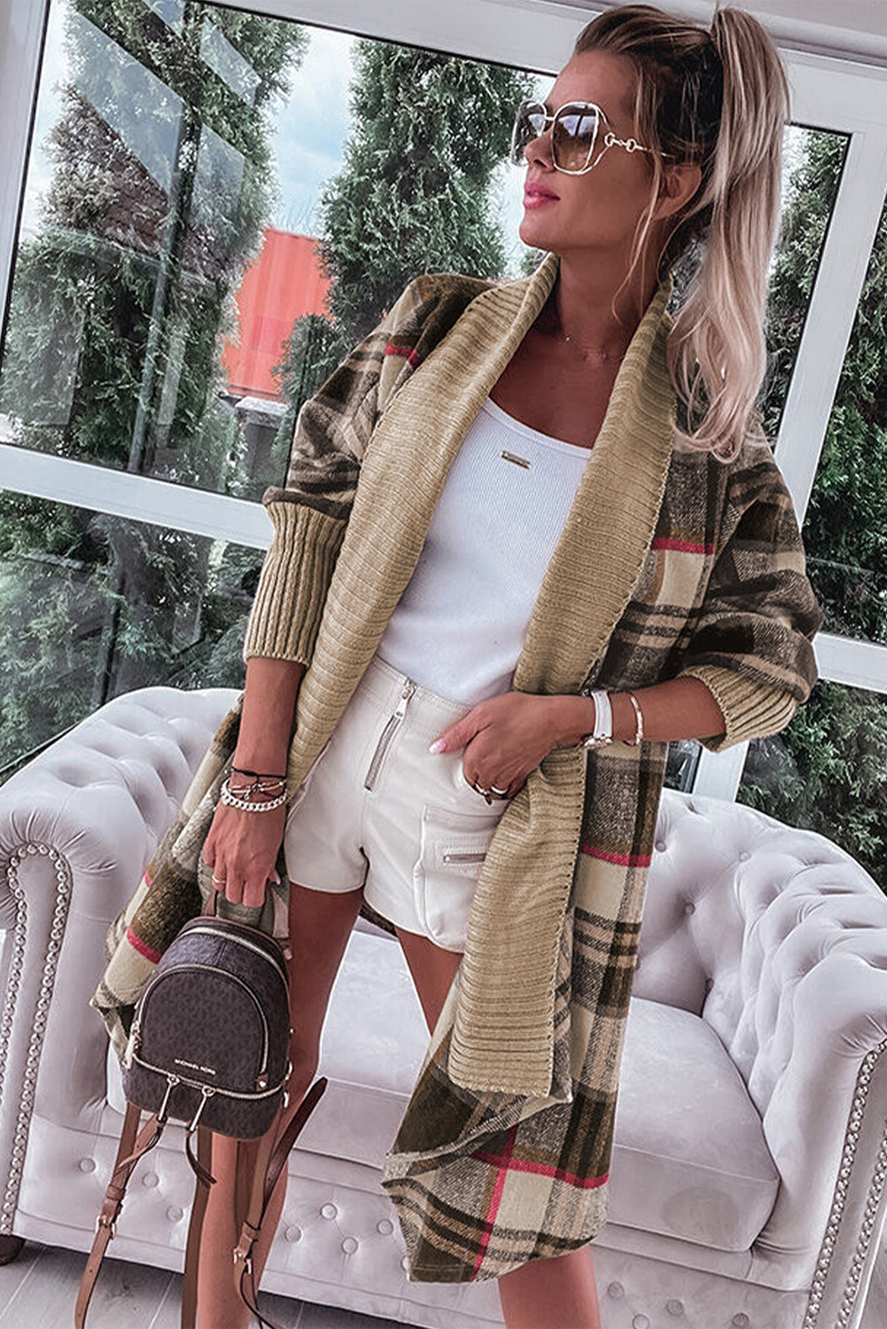 Brown ribbed splicing plaid open front cardigan showcasing stylish plaid pattern and cozy ribbed details.