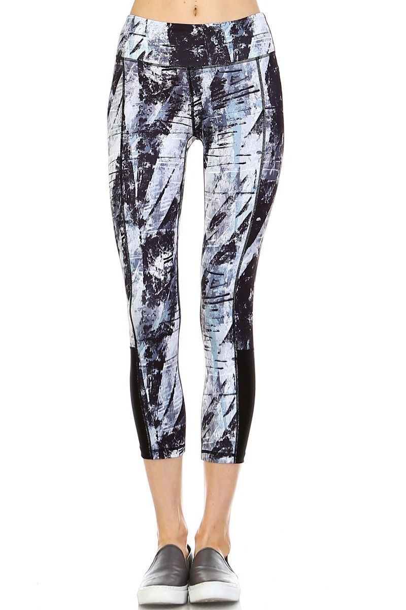 Brush Strokes Capri Leggings featuring side mesh panels for breathability and a stylish print.