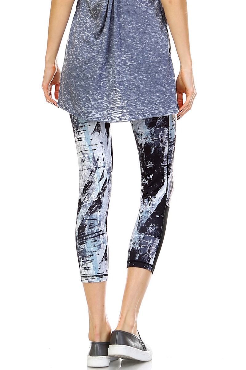 Brush Strokes Capri Leggings featuring side mesh panels for breathability and a stylish print.