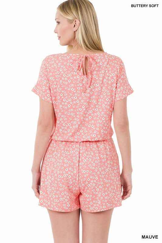 Brushed Dty Floral Romper featuring a floral print, elastic waist, and pockets, perfect for summer wear.