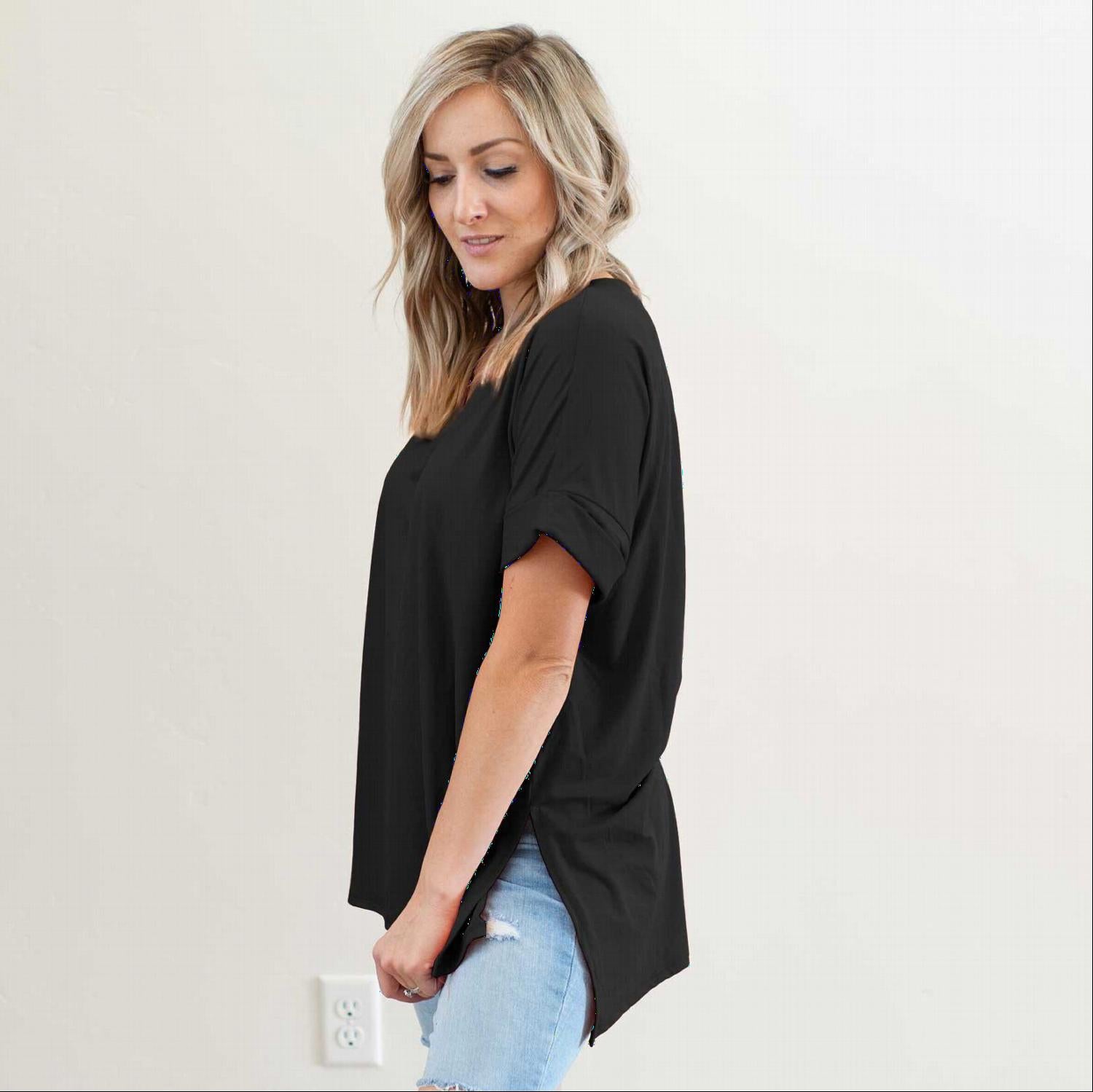 Brushed Dty Rolled Short Sleeve V-neck blouse in solid color, showcasing its stylish rolled sleeves and V-neck design.