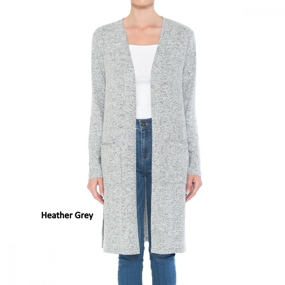 Brushed Hacci Double Pocket Long Sleeve Duster Cardigan in a stylish open-front design, featuring knee-length cut and convenient pockets.