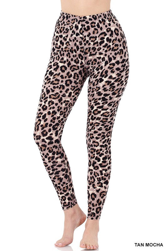 Brushed Microfiber Leopard Print Leggings in Tan Mocha color, showcasing a stylish leopard print pattern and soft texture.