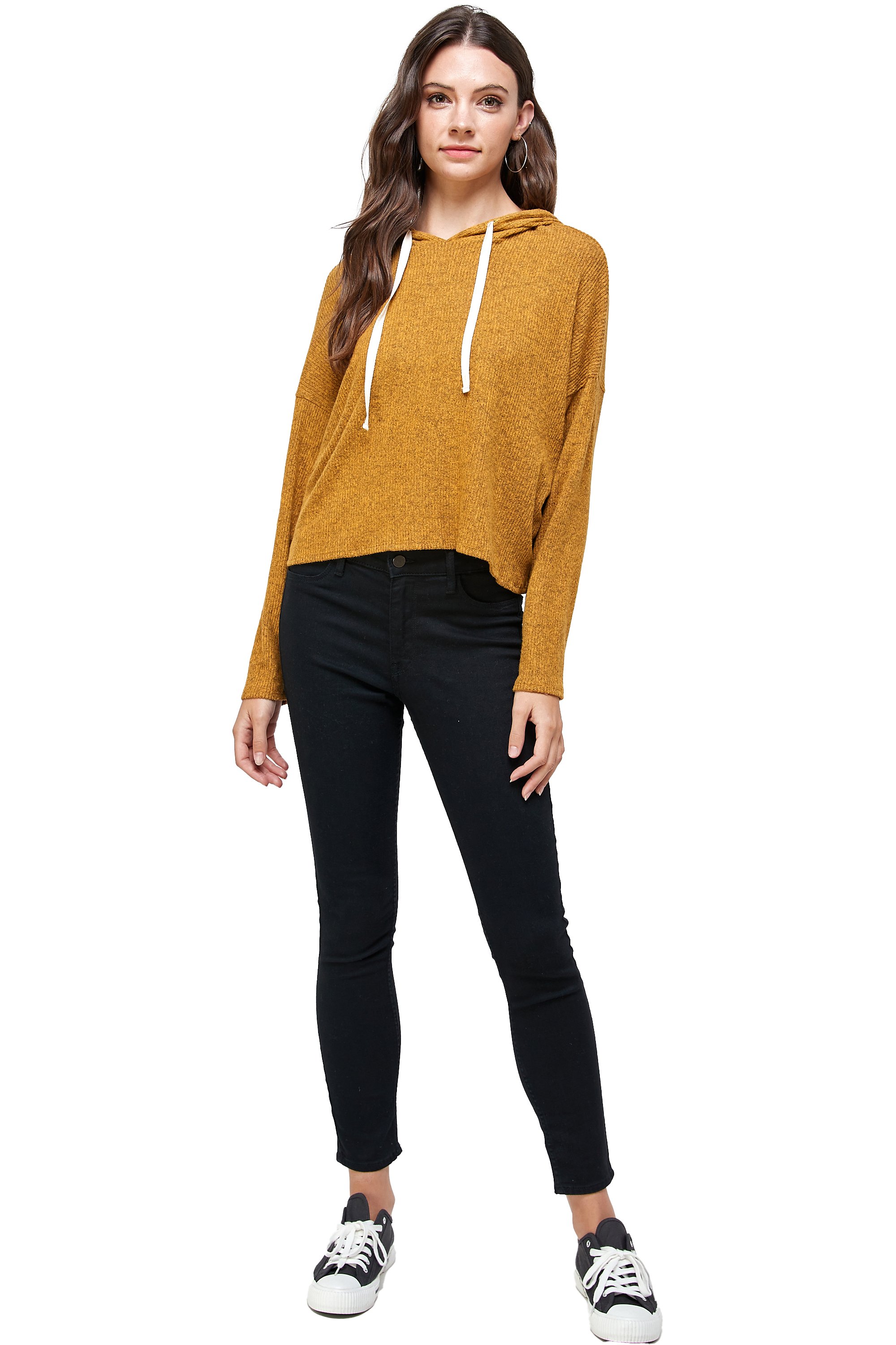 Brushed two-tone sweater rib hooded top displayed on a mannequin, showcasing its stylish design and ribbed hood.