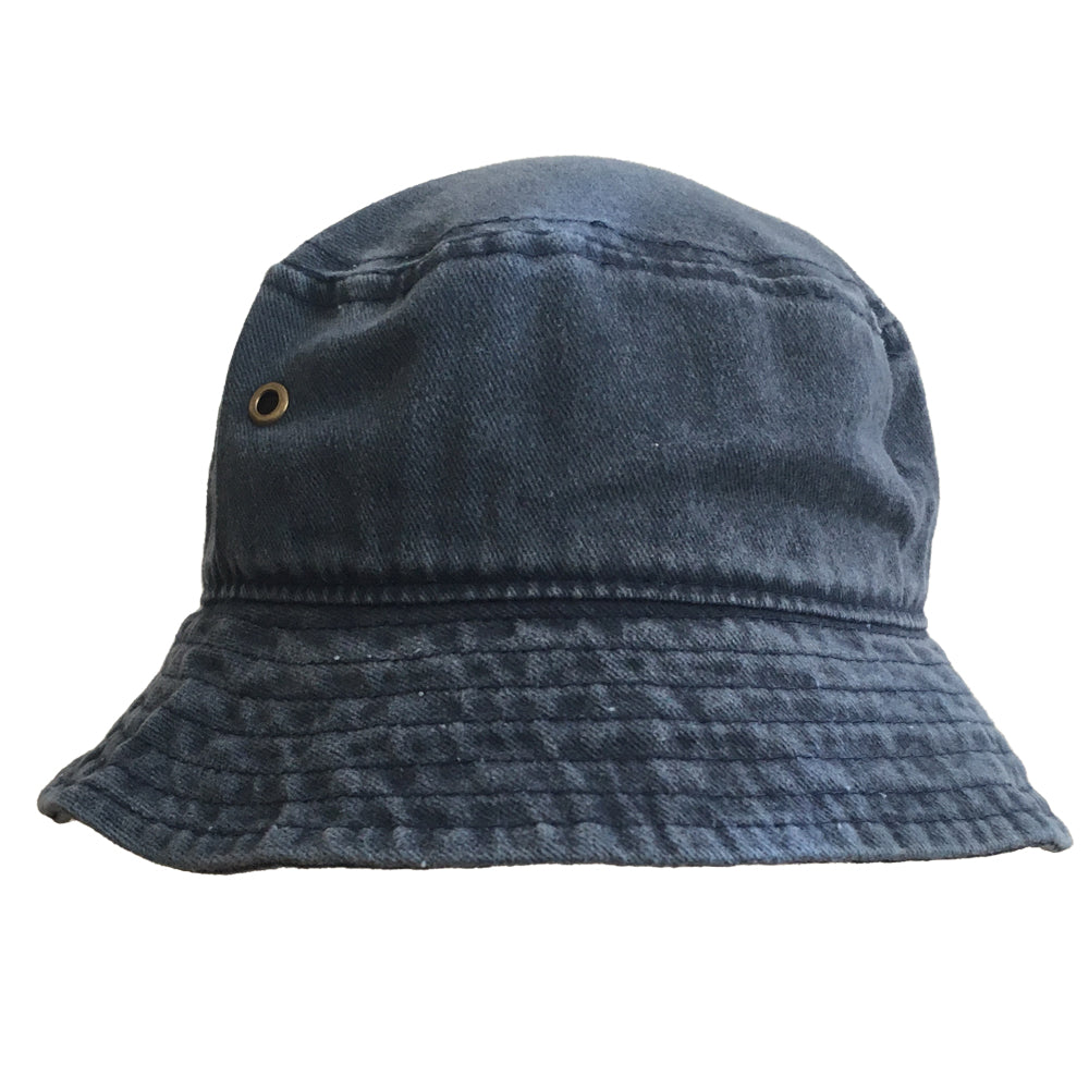 Sierra faded denim bucket hat for kids aged 4-8, featuring a soft and stretchy design for comfort and sun protection.