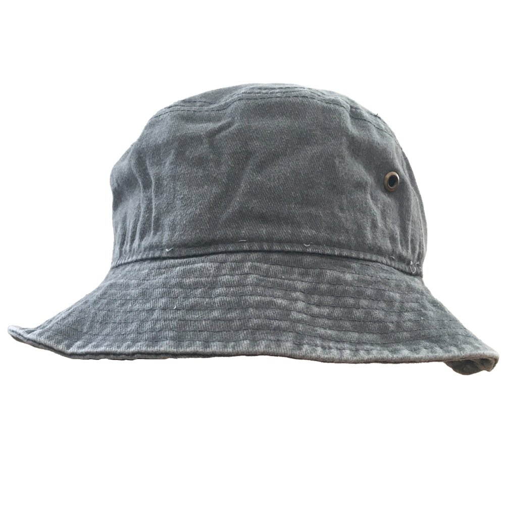 Sierra faded denim bucket hat for kids aged 4-8, featuring a soft and stretchy design for comfort and sun protection.