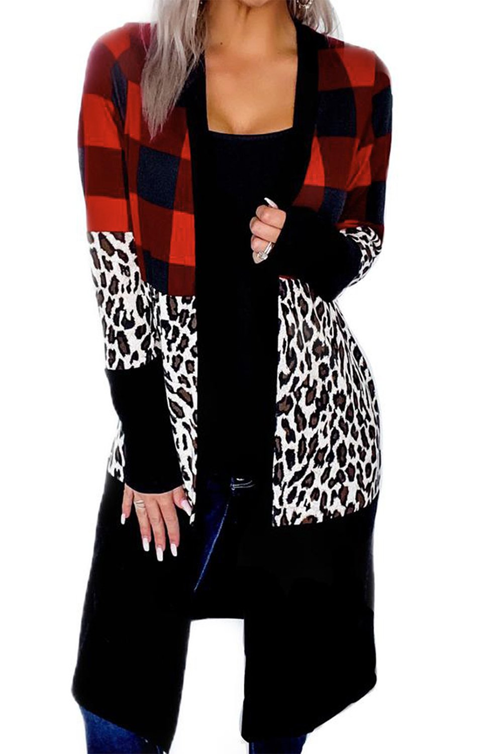 Buffalo Plaid Leopard Splicing Color Block Cardigan featuring a stylish design with a mix of plaid and leopard prints.