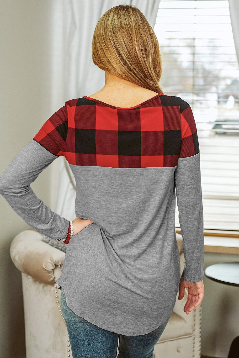 Buffalo Plaid Splicing Long Sleeve Top featuring a cheerful plaid design, soft fabric, and a chest pocket, perfect for casual wear.