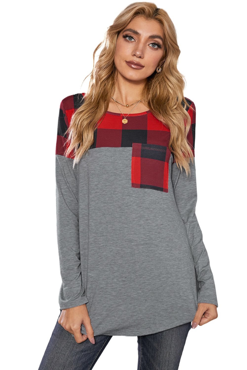 Buffalo Plaid Splicing Long Sleeve Top featuring a cheerful plaid design, soft fabric, and a chest pocket, perfect for casual wear.