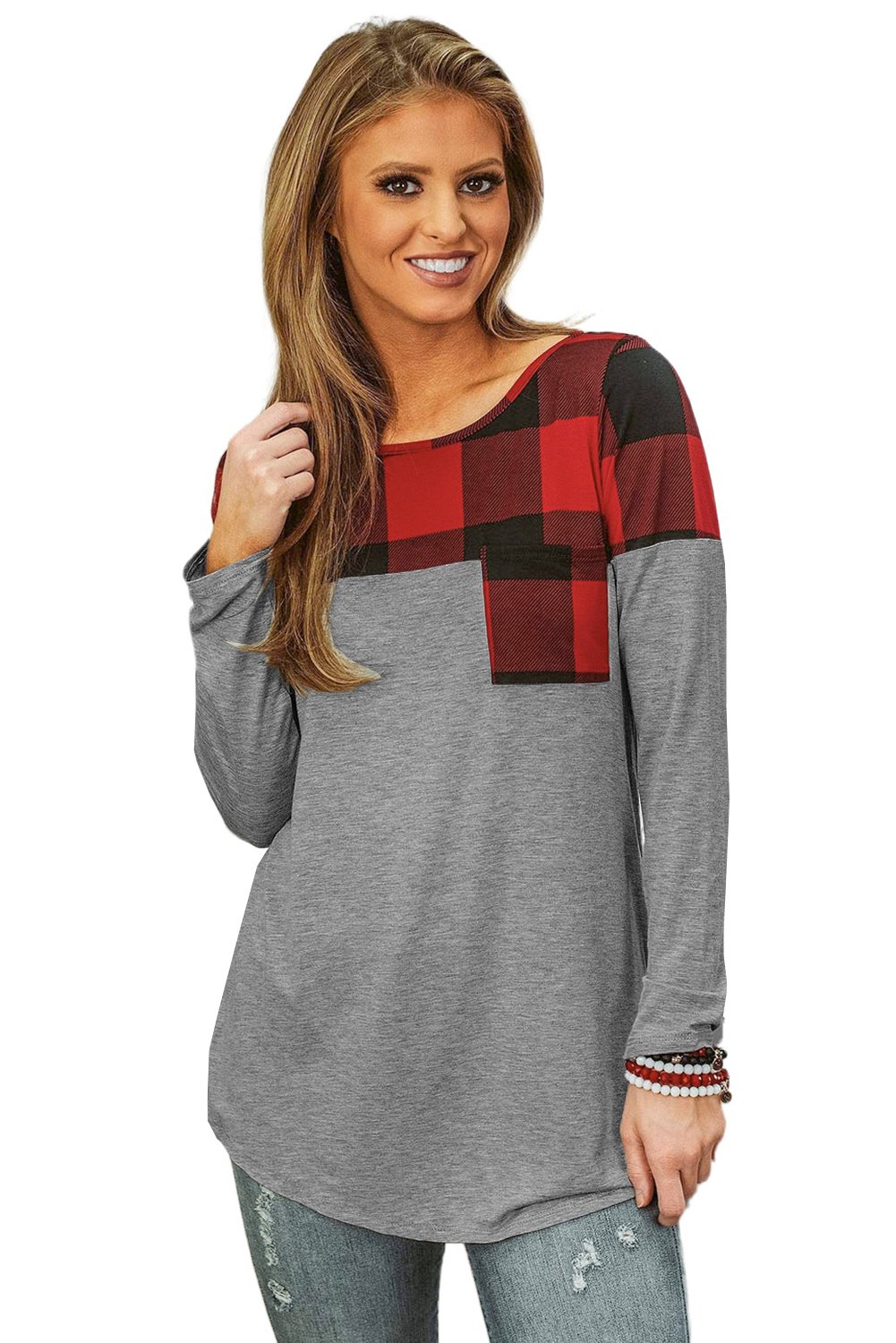 Buffalo Plaid Splicing Long Sleeve Top featuring a cheerful plaid design, soft fabric, and a chest pocket, perfect for casual wear.