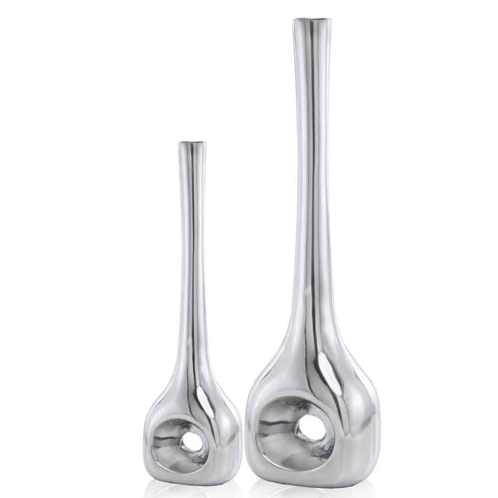 Set of two buffed silver aluminum vases, one large and one small, showcasing modern design and elegant finish.