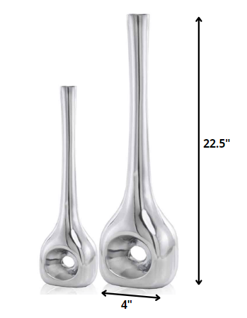 Set of two buffed silver aluminum vases, one large and one small, showcasing modern design and elegant finish.