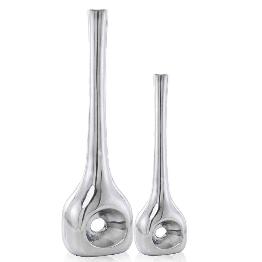 Set of two buffed silver aluminum vases, one large and one small, showcasing modern design and elegant finish.