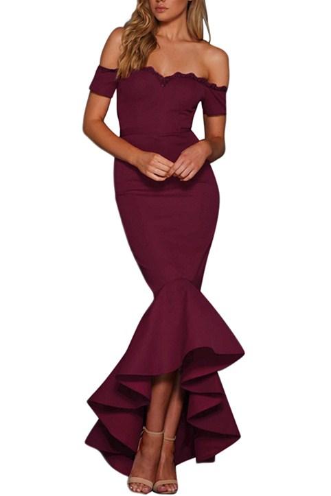 Burgundy lace trim off shoulder fishtail party dress with scalloped neckline and mermaid hemline, perfect for evening events.