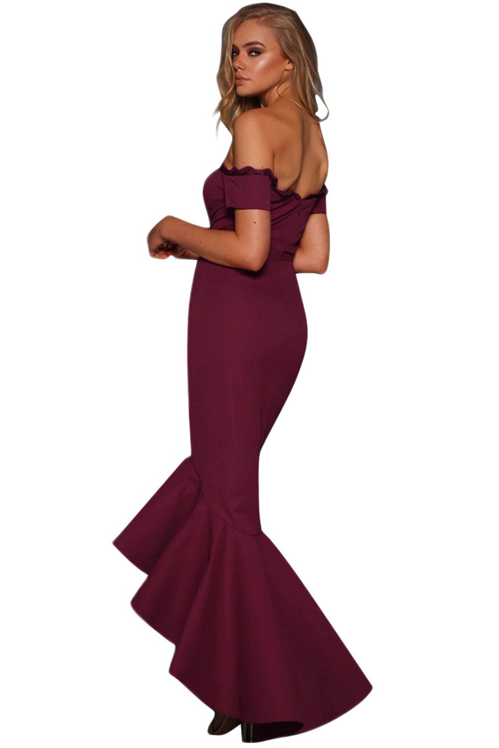 Burgundy lace trim off shoulder fishtail party dress with scalloped neckline and mermaid hemline, perfect for evening events.