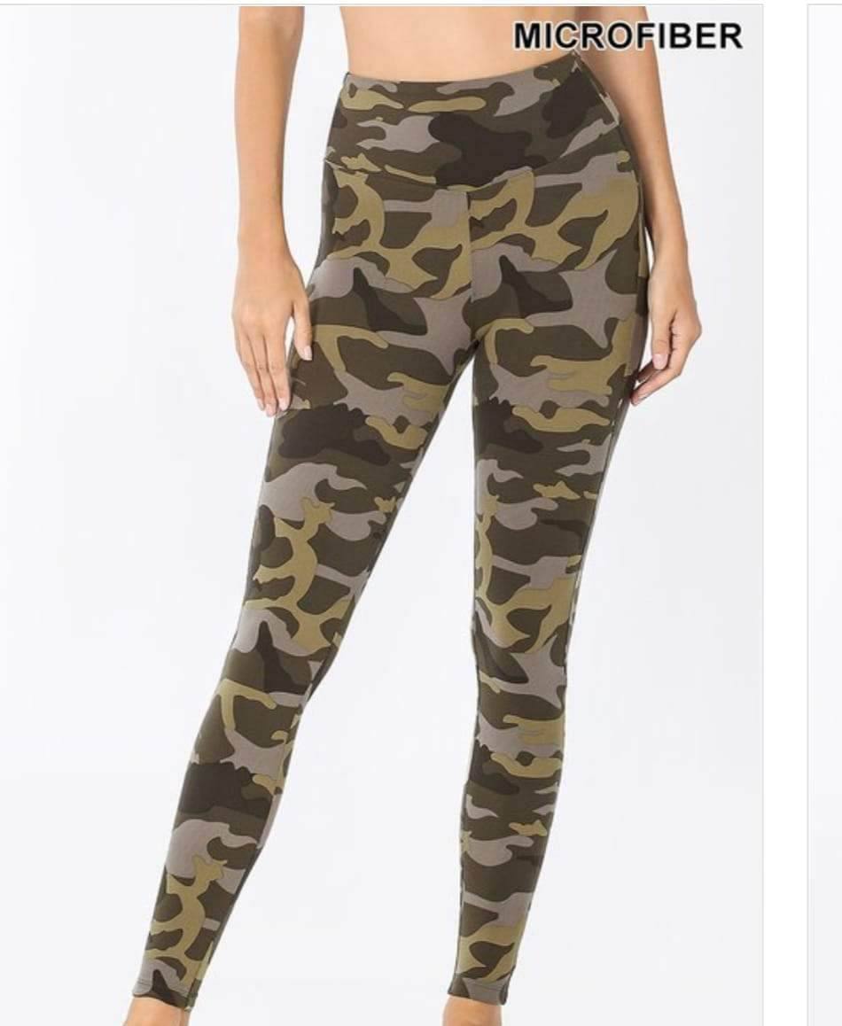 A pair of buttery soft camo leggings featuring a stylish camouflage pattern, perfect for workouts and casual wear.