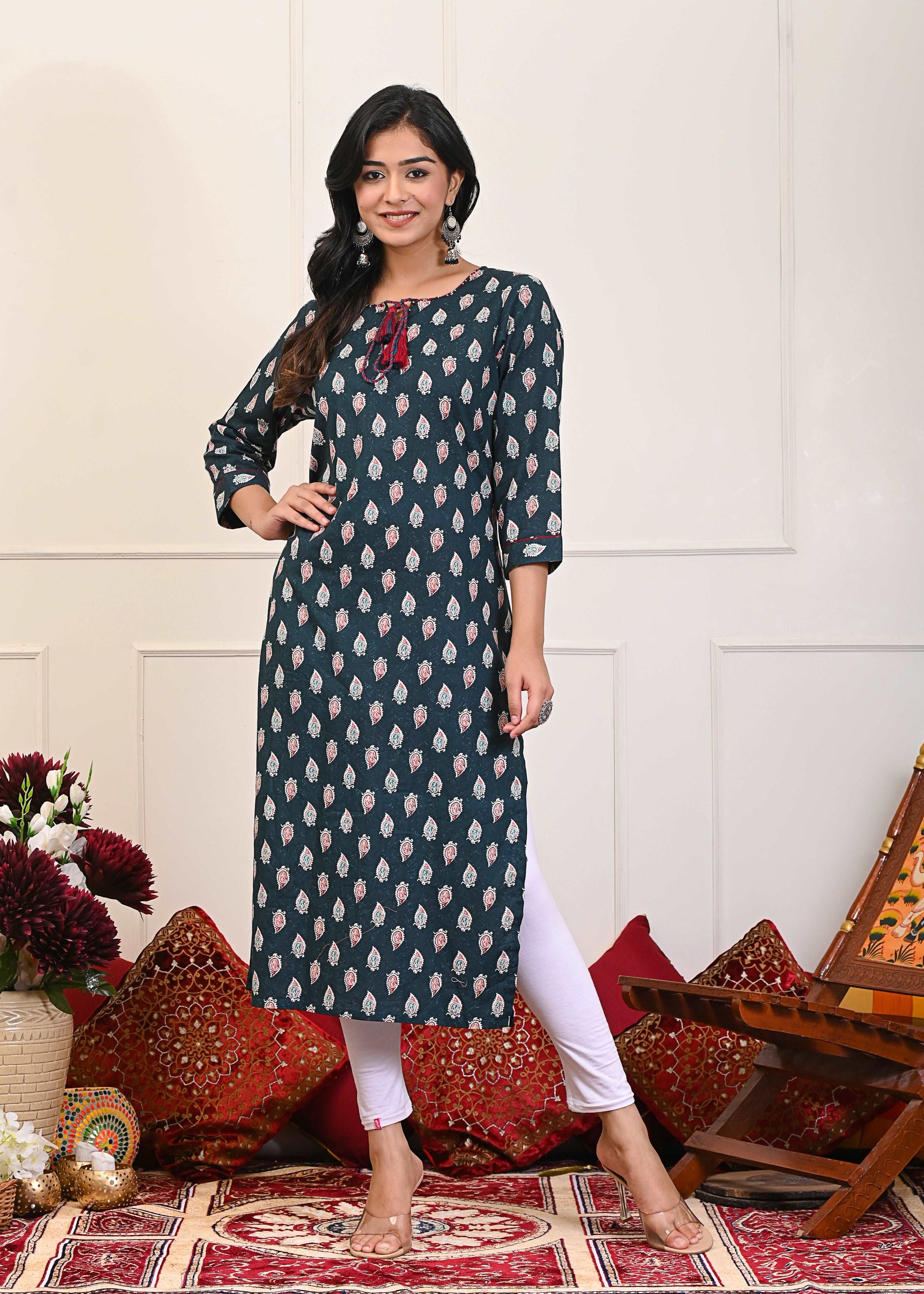 Blue Buti Printed Long Kurta showcasing intricate patterns and comfortable fabric, perfect for casual and festive occasions.