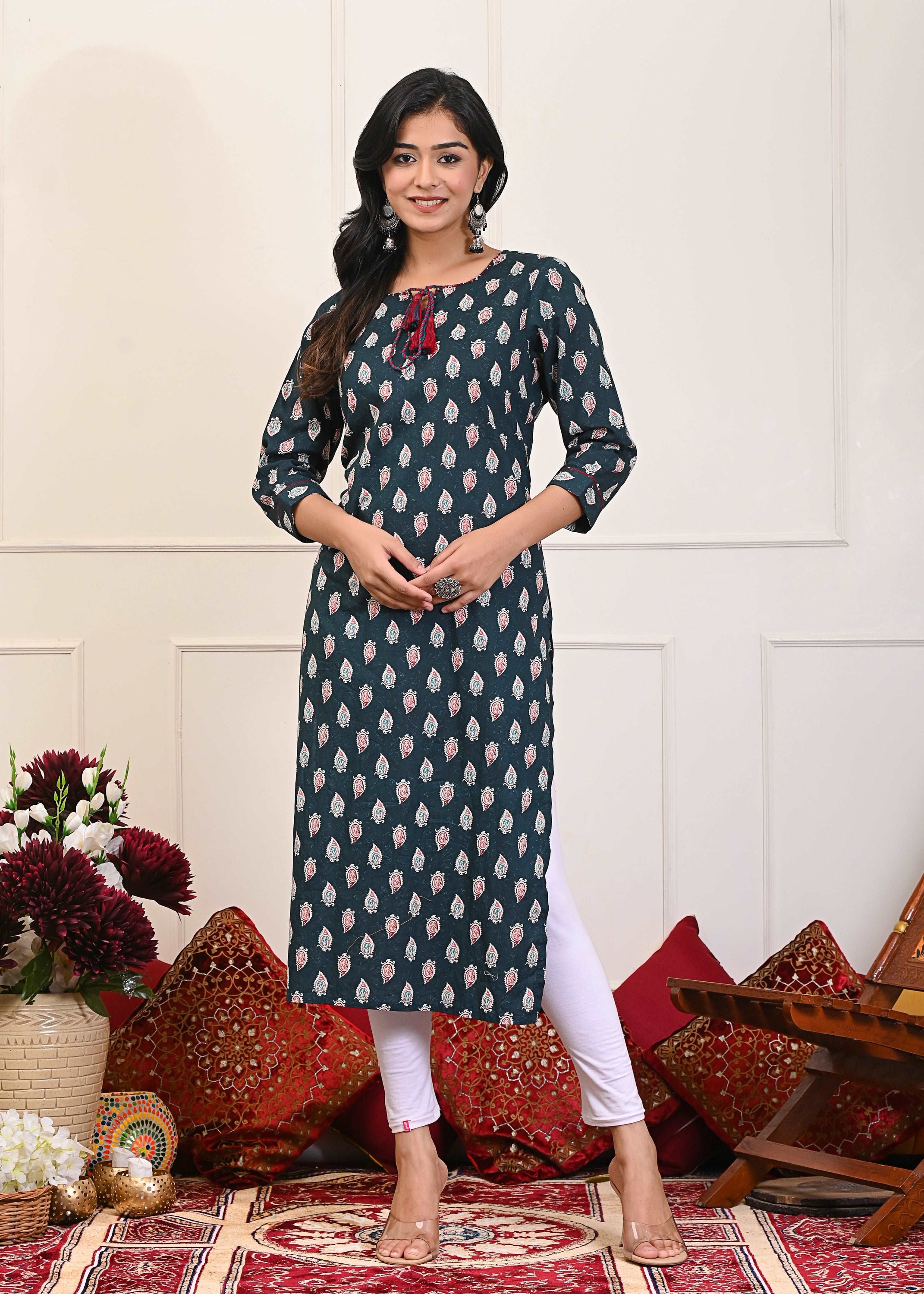 Blue Buti Printed Long Kurta showcasing intricate patterns and comfortable fabric, perfect for casual and festive occasions.