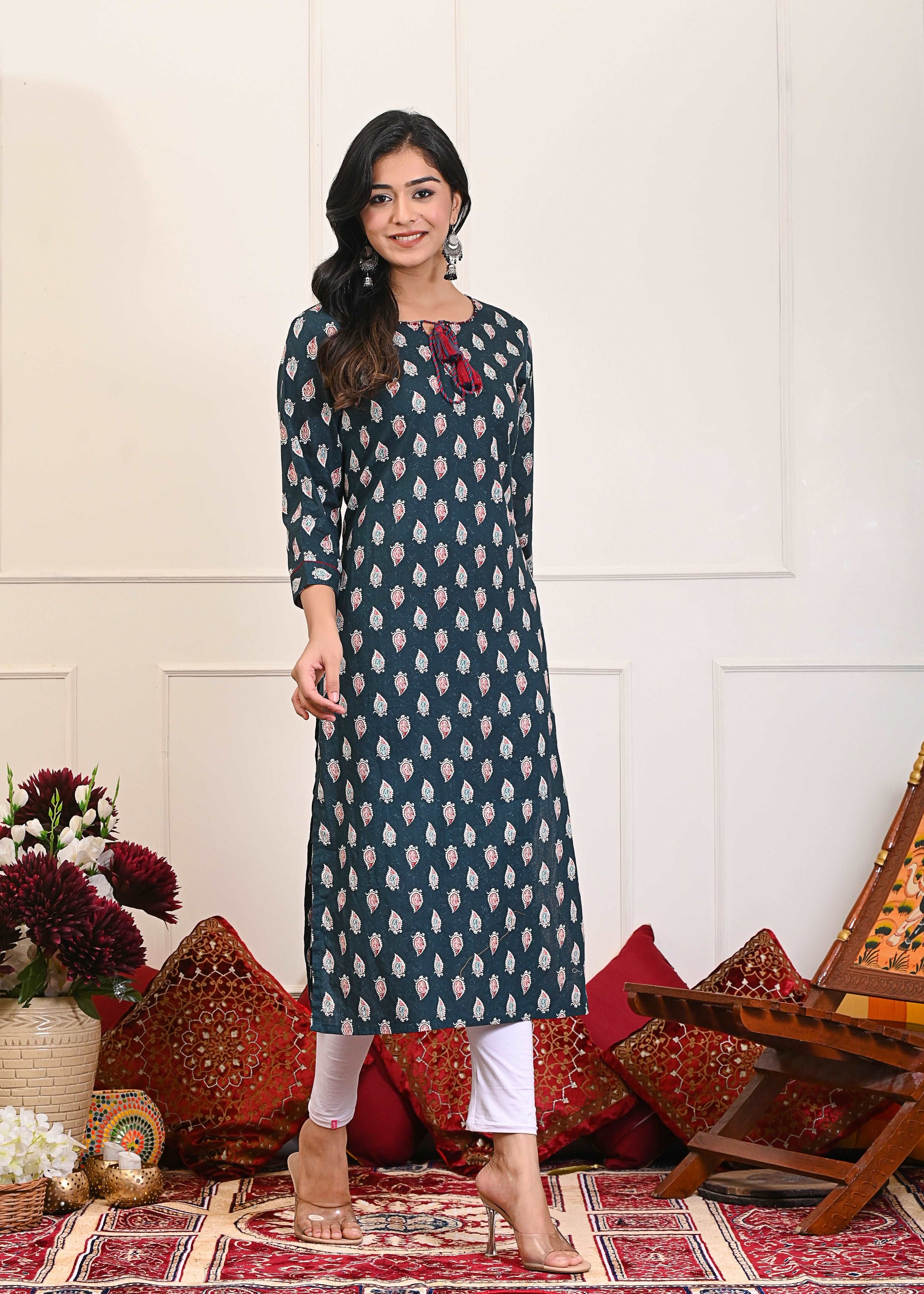 Blue Buti Printed Long Kurta showcasing intricate patterns and comfortable fabric, perfect for casual and festive occasions.