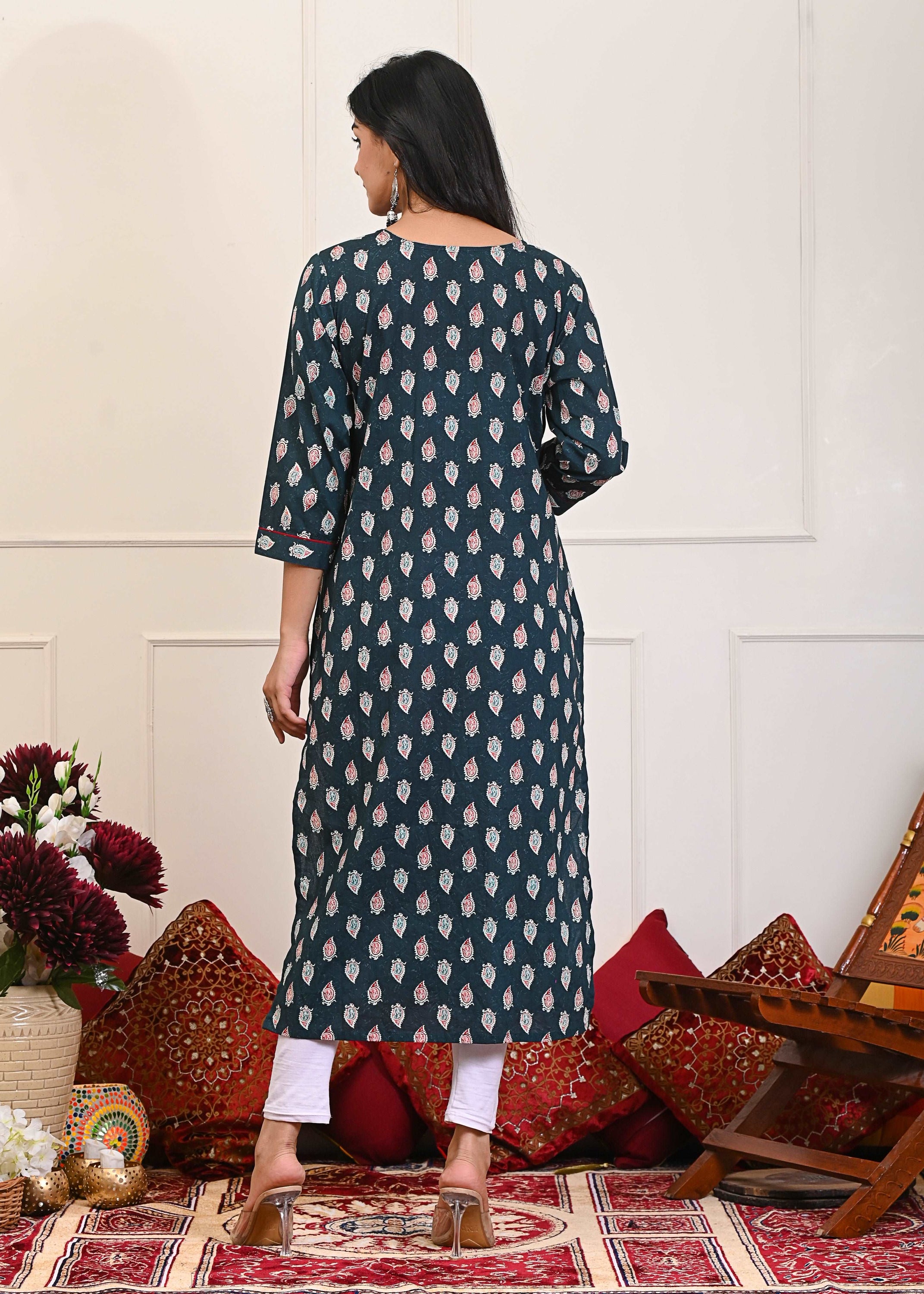 Blue Buti Printed Long Kurta showcasing intricate patterns and comfortable fabric, perfect for casual and festive occasions.