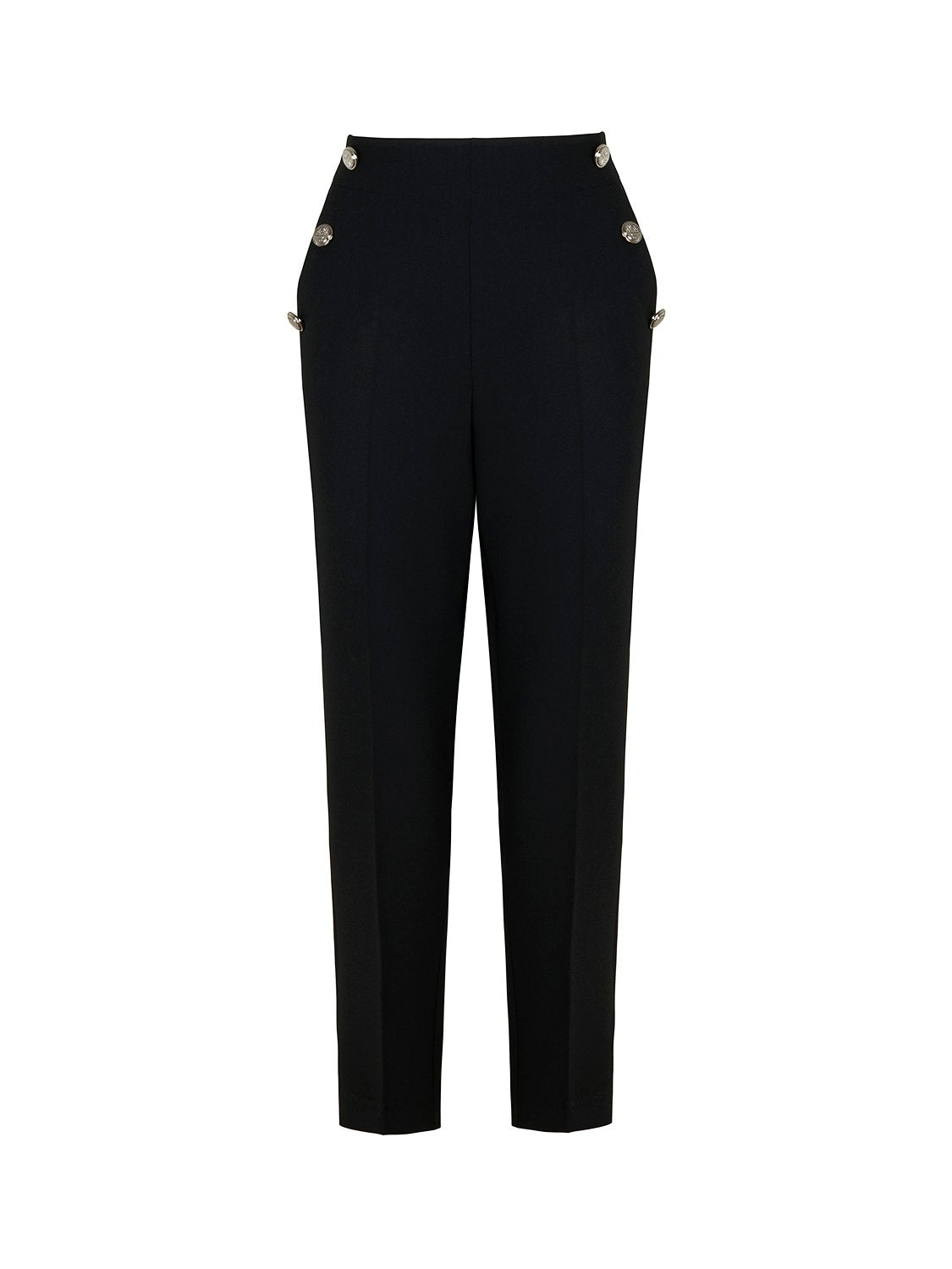 High-waisted ankle-length pants with button details and pockets, showcasing a stylish design.