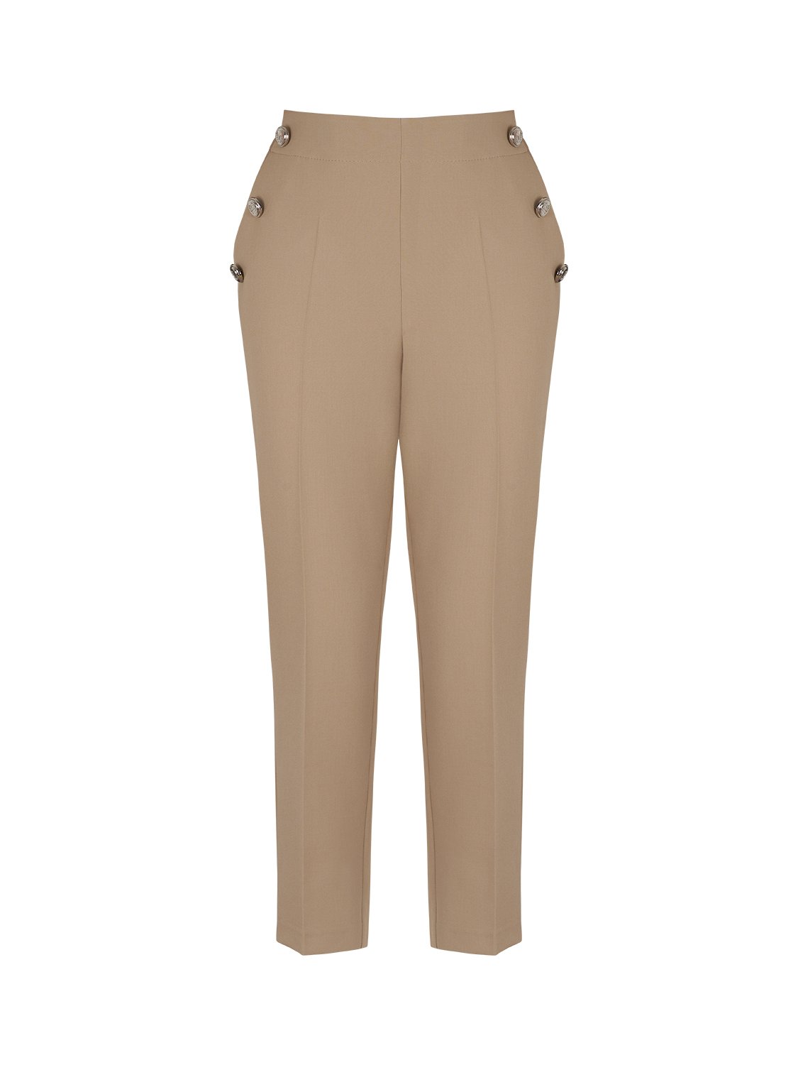 High-waisted ankle-length pants with button details on the sides, featuring an elastic waistband and side pockets.