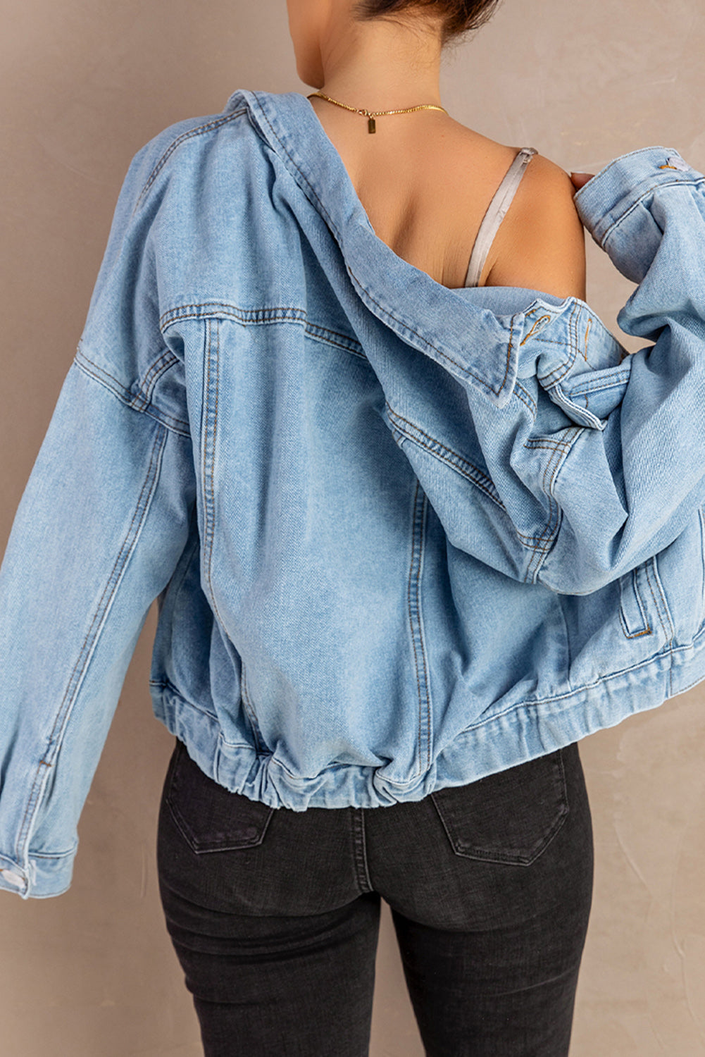 Button Down Dropped Shoulder Denim Jacket featuring a chic design with long sleeves and a button-down front, perfect for casual wear.