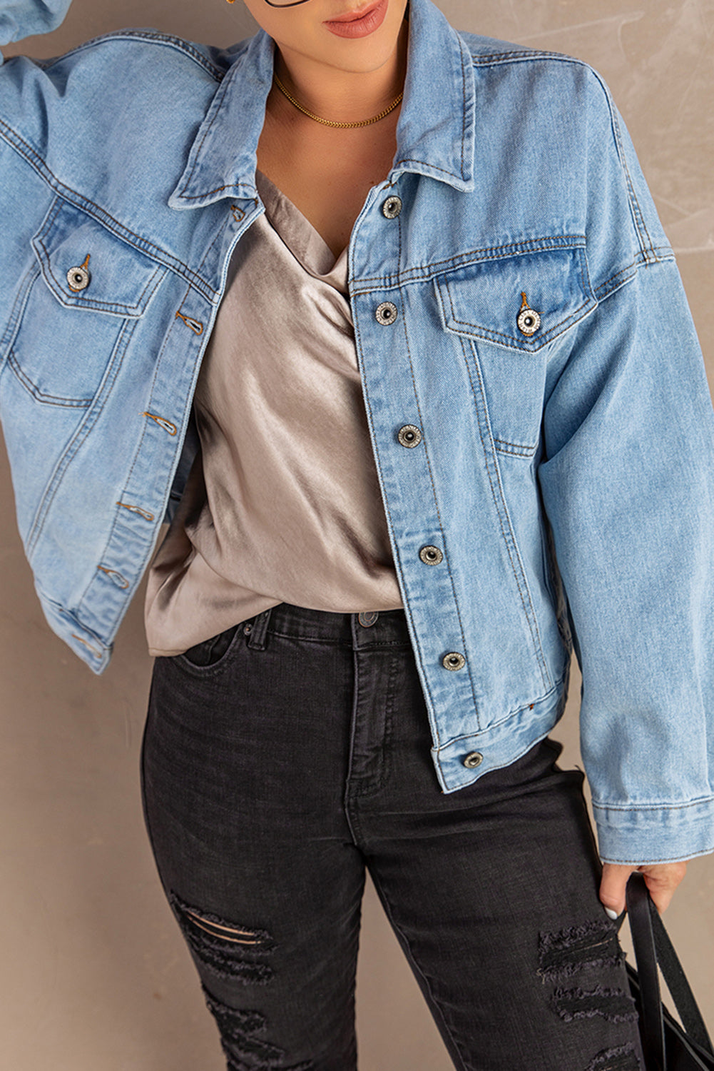 Button Down Dropped Shoulder Denim Jacket featuring a chic design with long sleeves and a button-down front, perfect for casual wear.